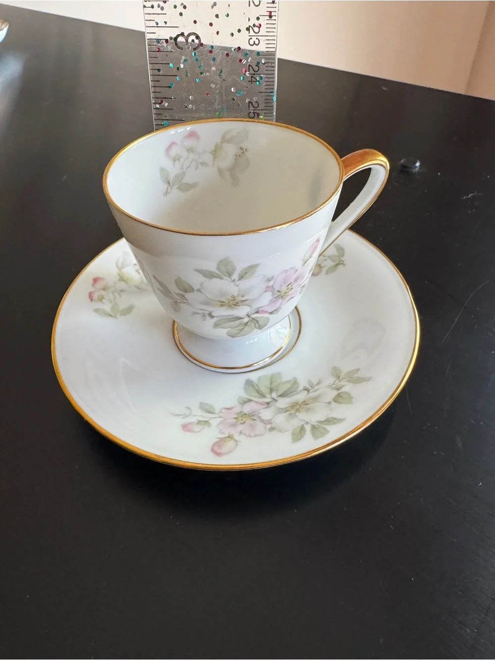 Vintage Tirschenreuth Bavaria Footed Cup & Saucer - Pink & White Apple Blossoms